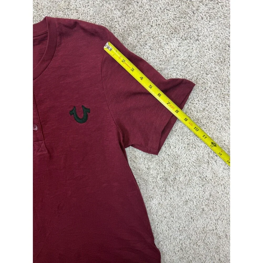 True Religion Men's S Burgundy Henley T Shirt Horseshoe Logo 100% Cotton